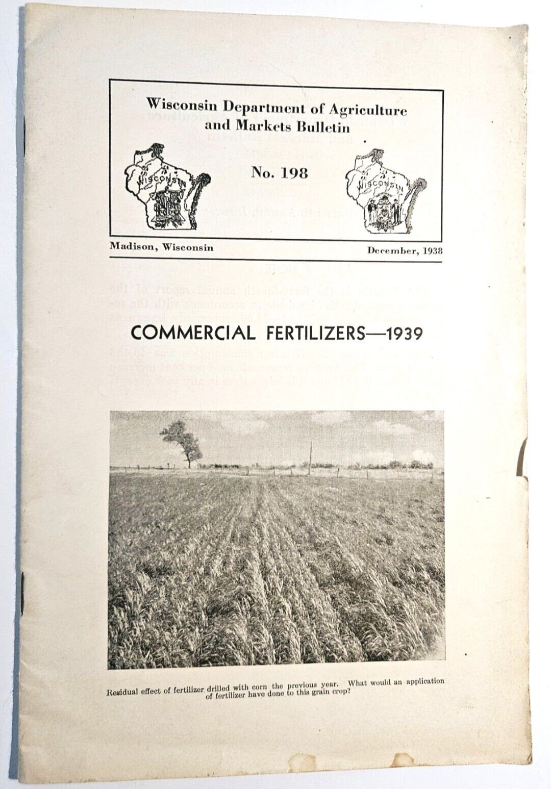 Commercial Fertilizers 1939 Wisconsin Dept of Agriculture Bulletin 198 Booklet