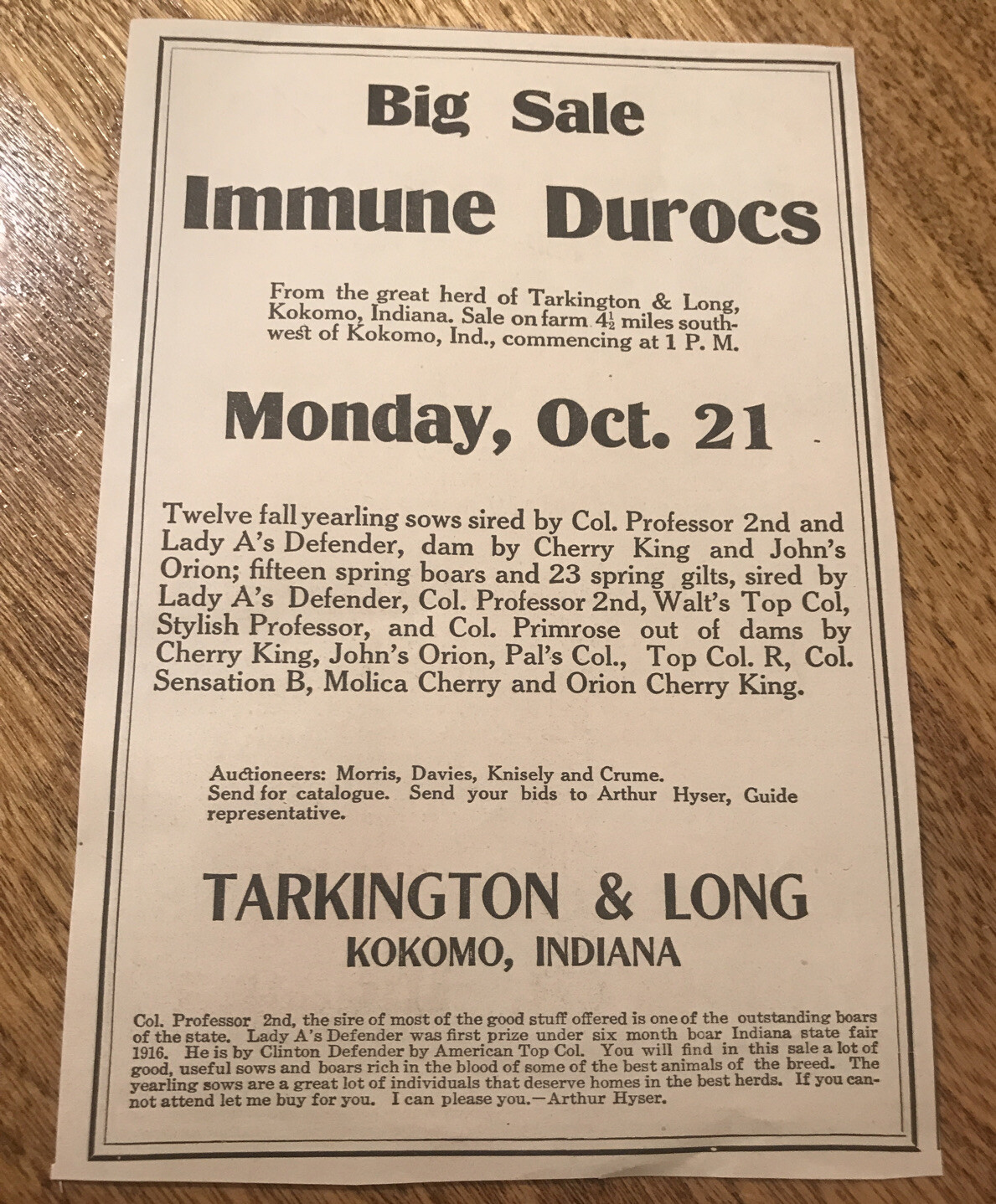 ORIGINAL 1918 Sow Public Sale – Kokomo- Indiana – Farm Advertising – Hog Pig