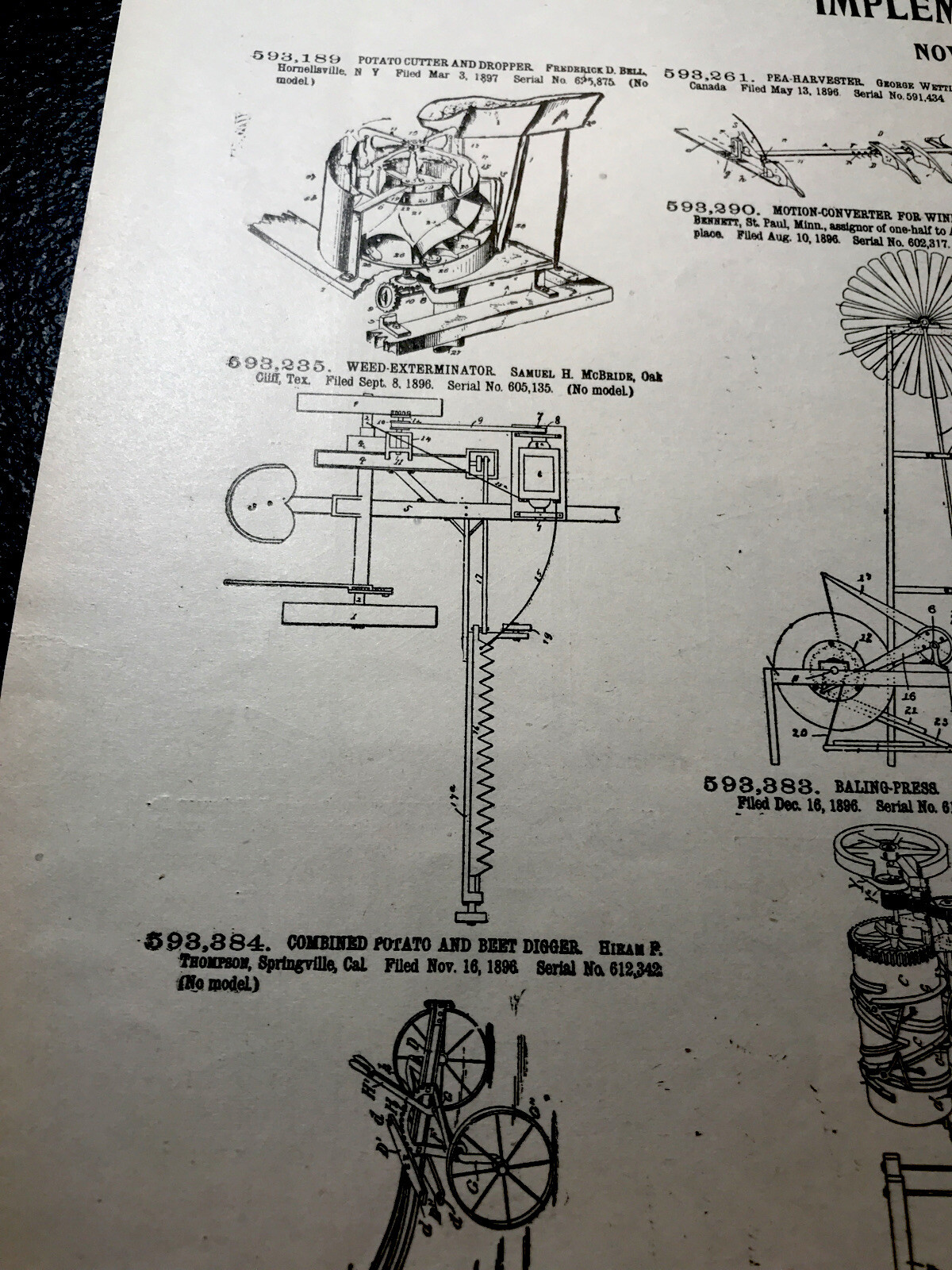ORIGINAL 1897 Farm Implement Patents Advertising – Double Sided – 10” X 15”