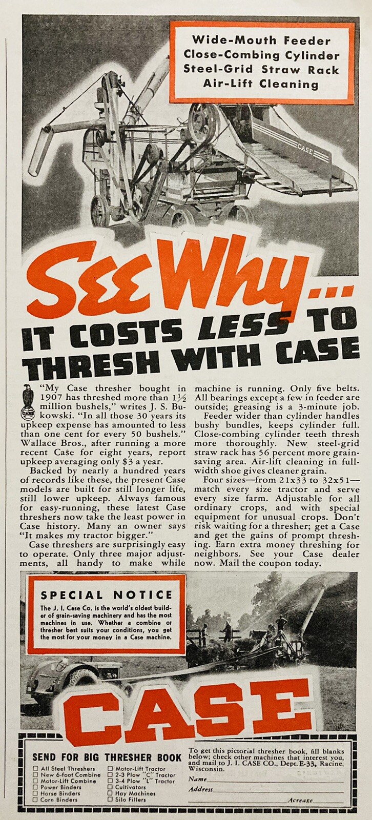 1938 AD.(XH70)~J.I. CASE CO. RACINE, WIS. CASE THRESHING MACHINES