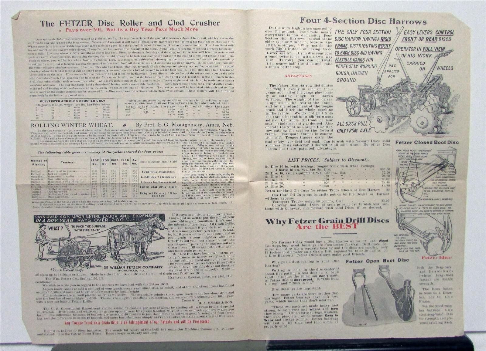 1911 Fetzer Grain Drill Specifications Construction Sale Brochure