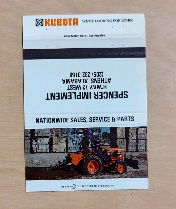 Kubota Diesel Tractor Matchbook Cover Spencer Implement Athens Alabama AL Photo