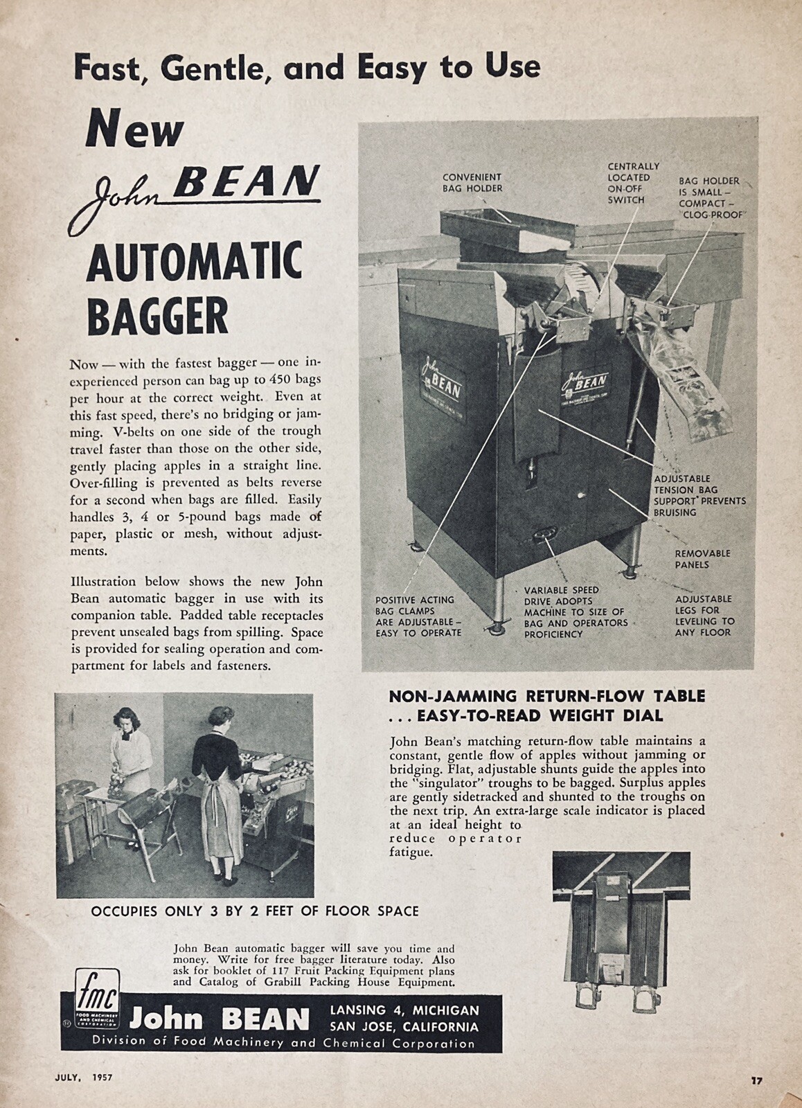 1957 AD.(XF19)~JOHN BEAN (FMC) LANSING, MI. NEW JOHN BEAN AUTOMATIC FRUIT BAGGER