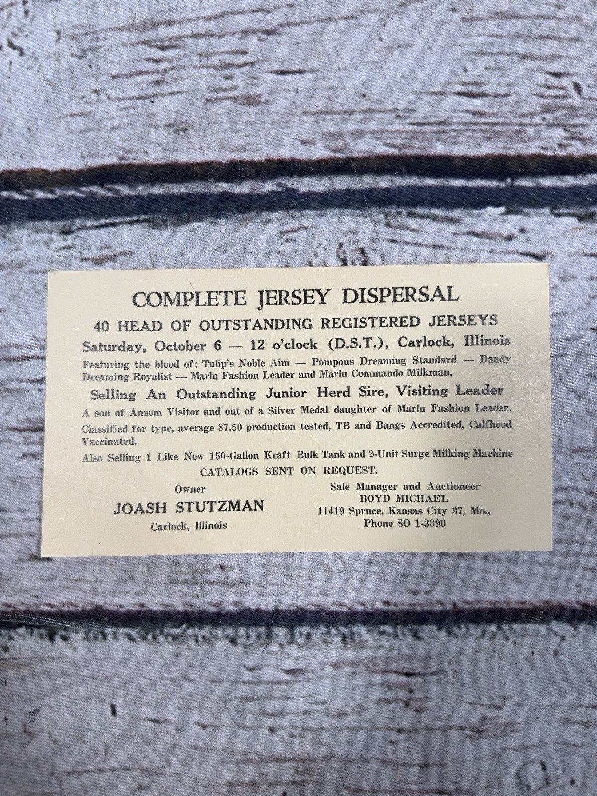 VTG Complete Jersey Dispersal Boyd Michael Auctioneer Kansas City Auction Card