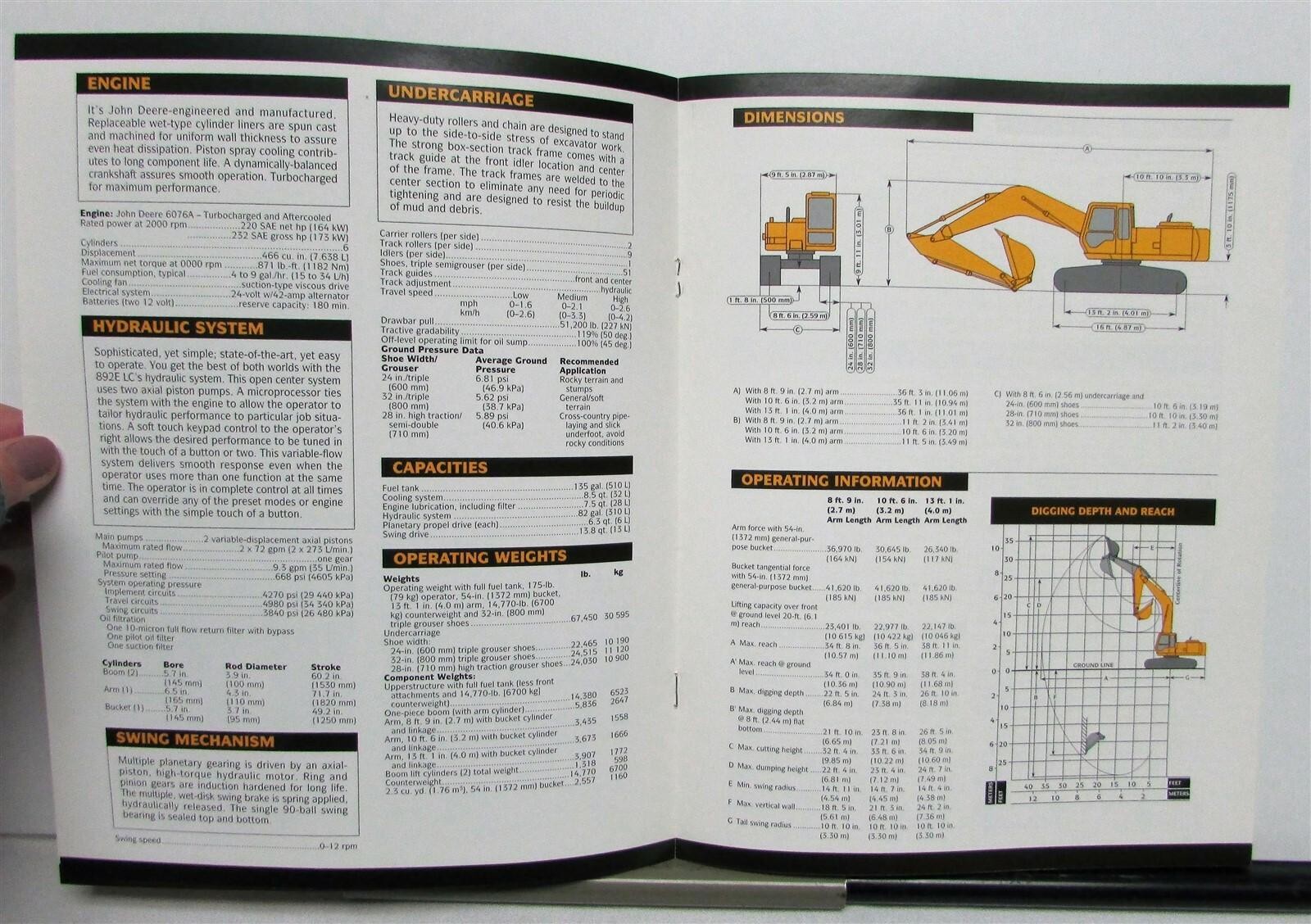 1993 John Deere 892E LC Excavator Specifications Construction Sale Brochure