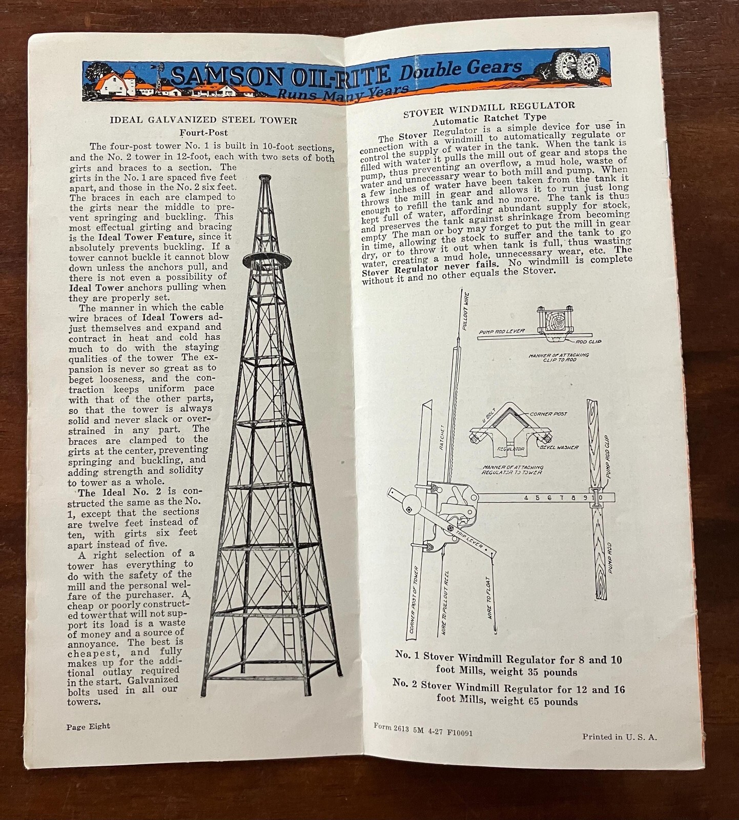 SCARCE! 1927 Samson Oil-Rite Double Geared Windmill Fold Out Brochure Advert