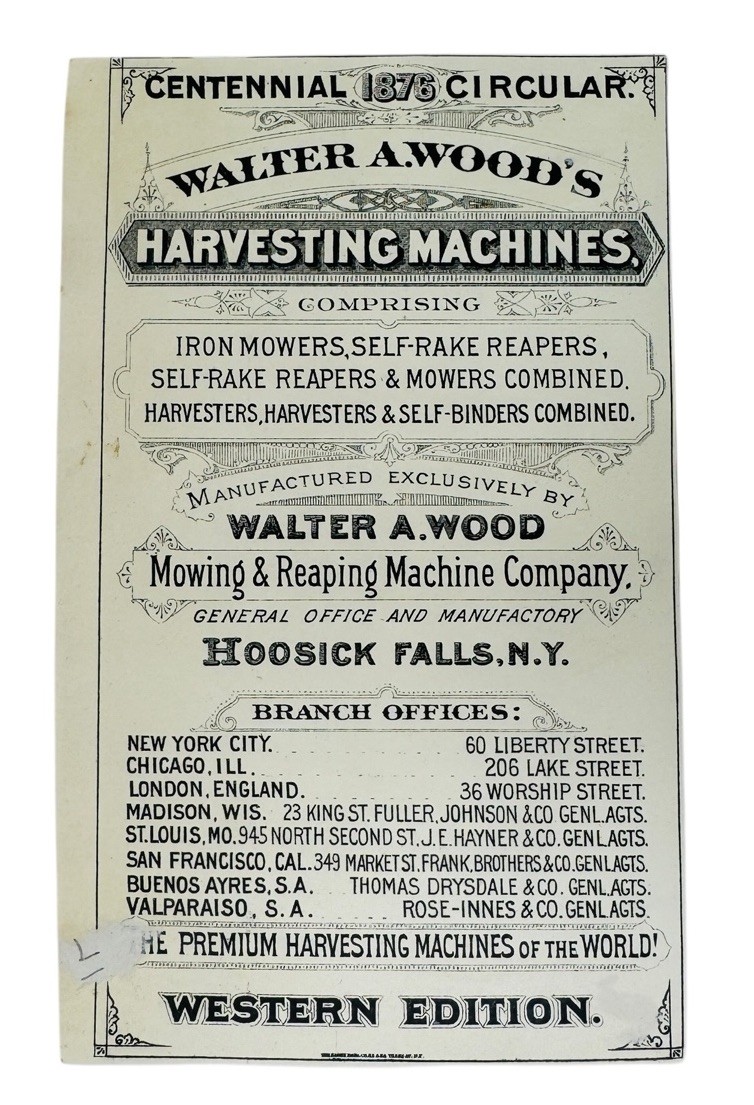 CENTENNIAL 1875 CIRCULAR – WALTER A. WOOD’S HARVESTING MACHINES