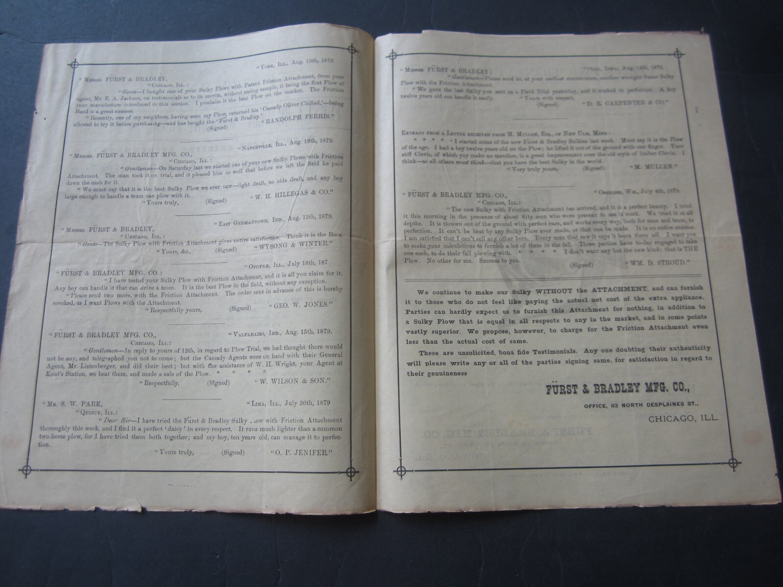 1879 FURST & BRADLEY Wrought Frame Sulky Plow Agricultural Advertising Brochure