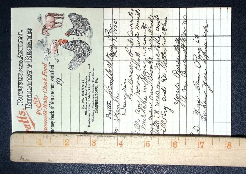 1930 Pratts Poultry & Animal Remedies Invoice Letterhead – Campbelltown, PA