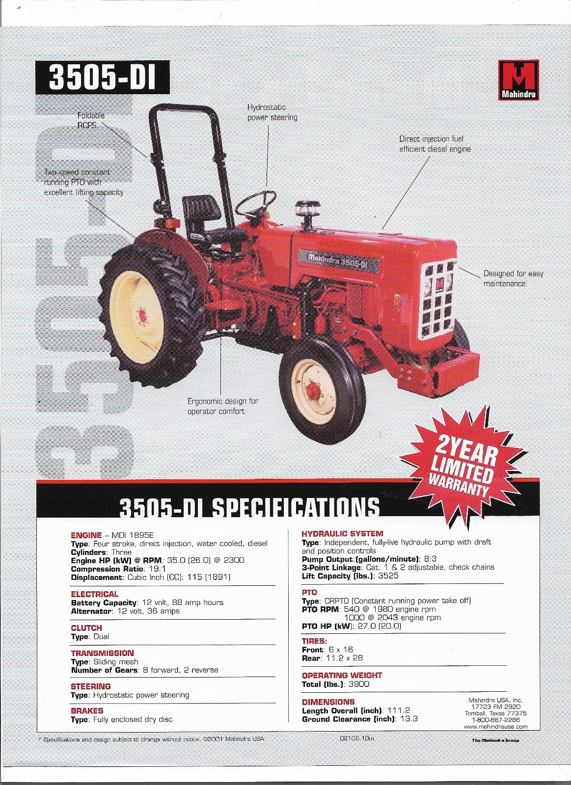 Original Mahindra 3505DI Tractor Dealer Sales Brochure Spec Specifications Sheet