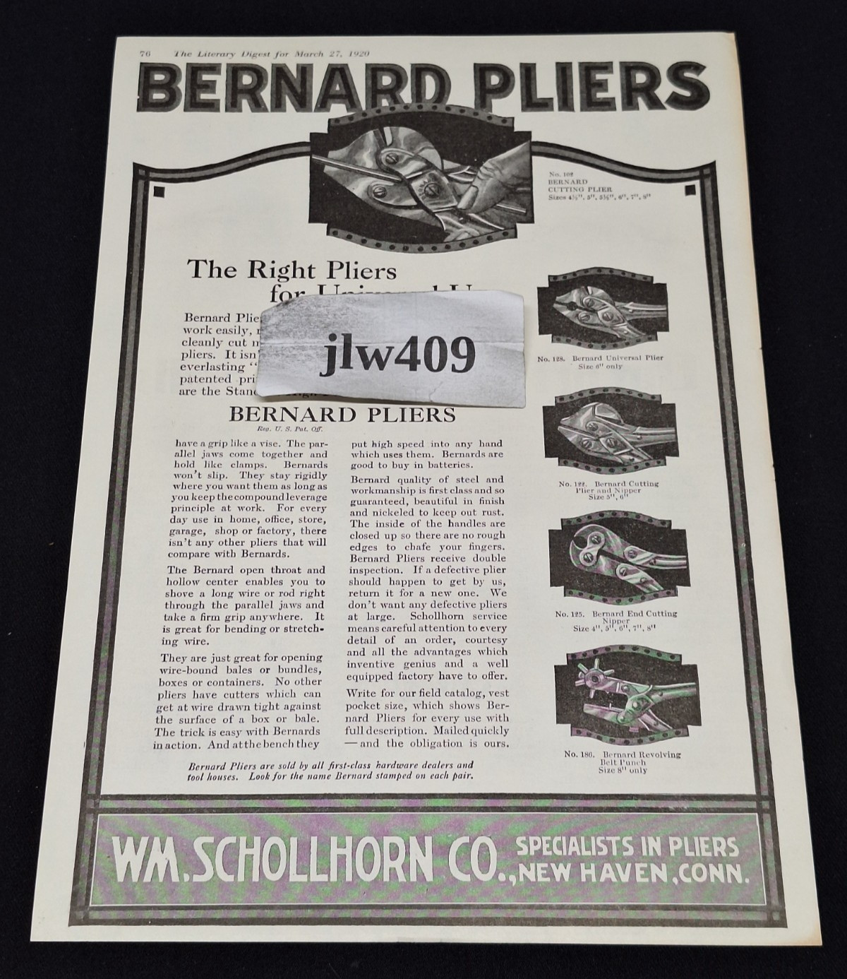1920 BERNARD PLIERS Print Ad Magazine Ad 8&Prime;x11&Prime; WM. SCHOLLHORN CO.
