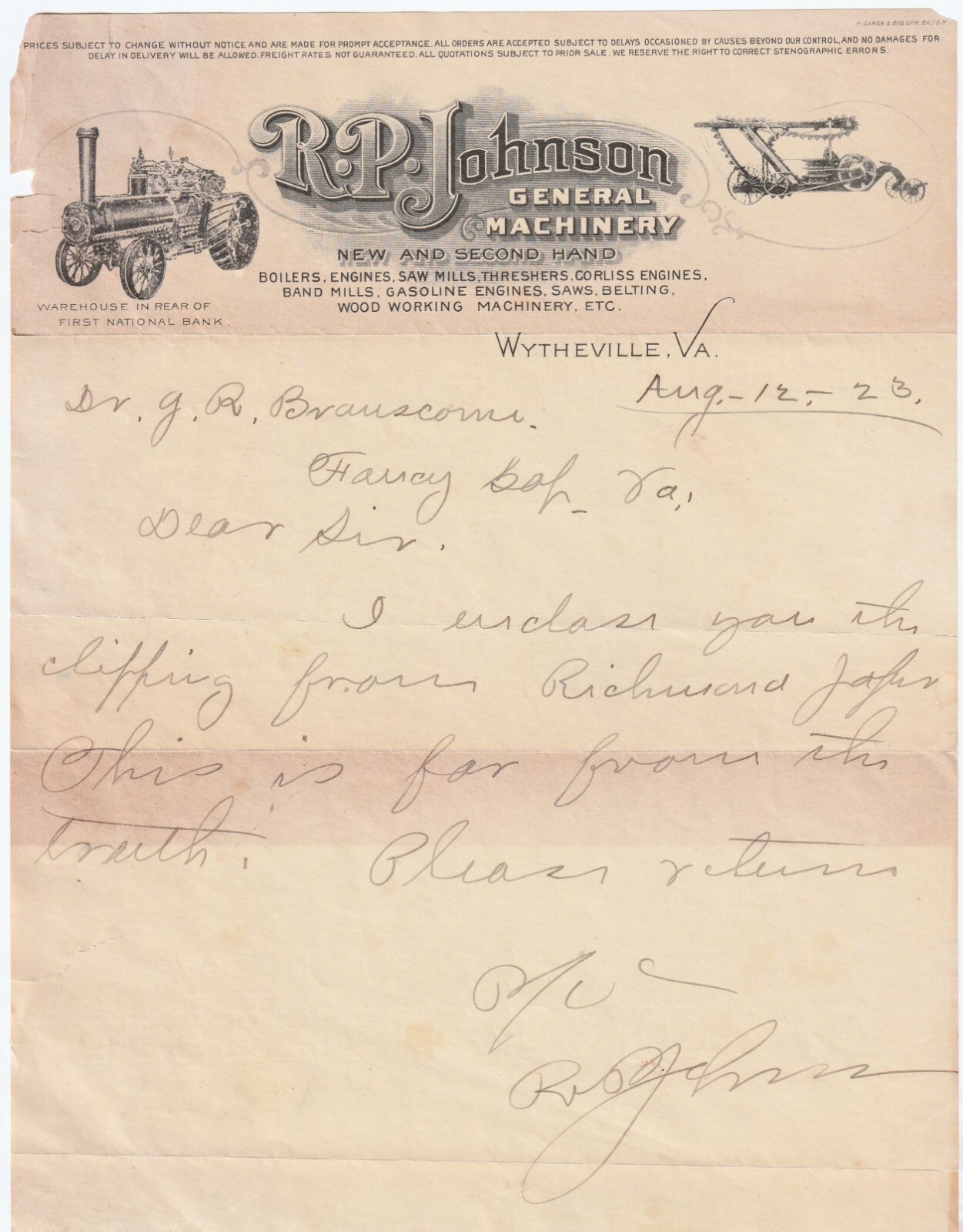 RARE Letterhead Letter – RP Johnson Engines Machines Tractor Wytheville VA 1923
