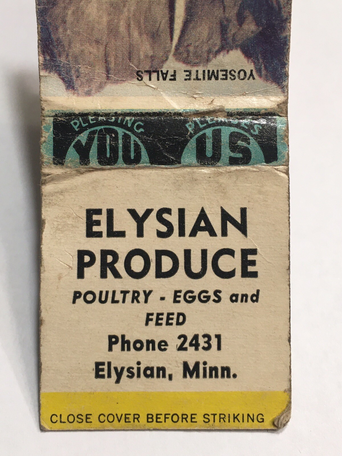 Old Matchbook Cover Elysian Produce Poultry-Eggs & Feed Elysian Minnesota! d1105