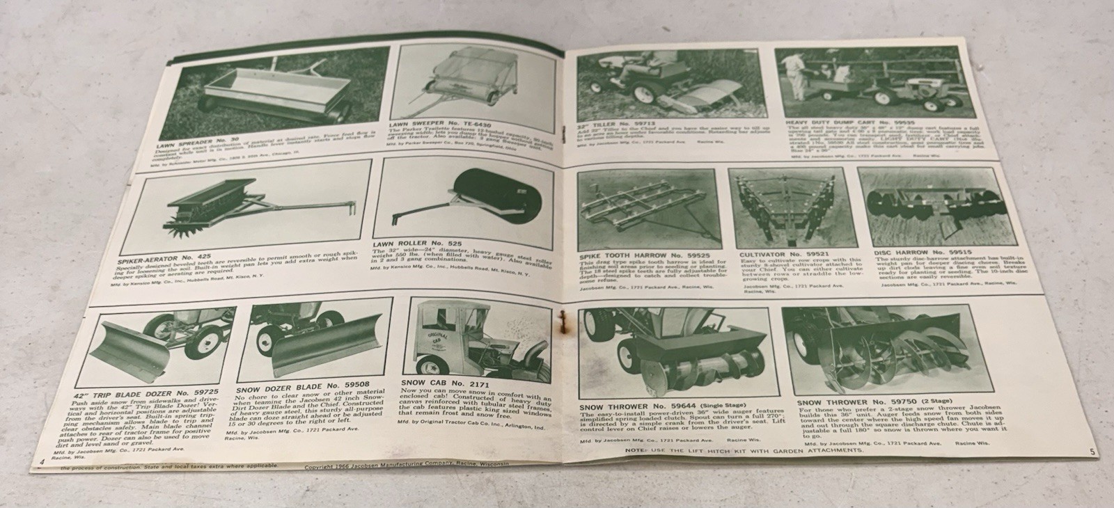 Vintage 1966 Jacobsen Chief Tractor Attachments Advertising Brochure, Catalog