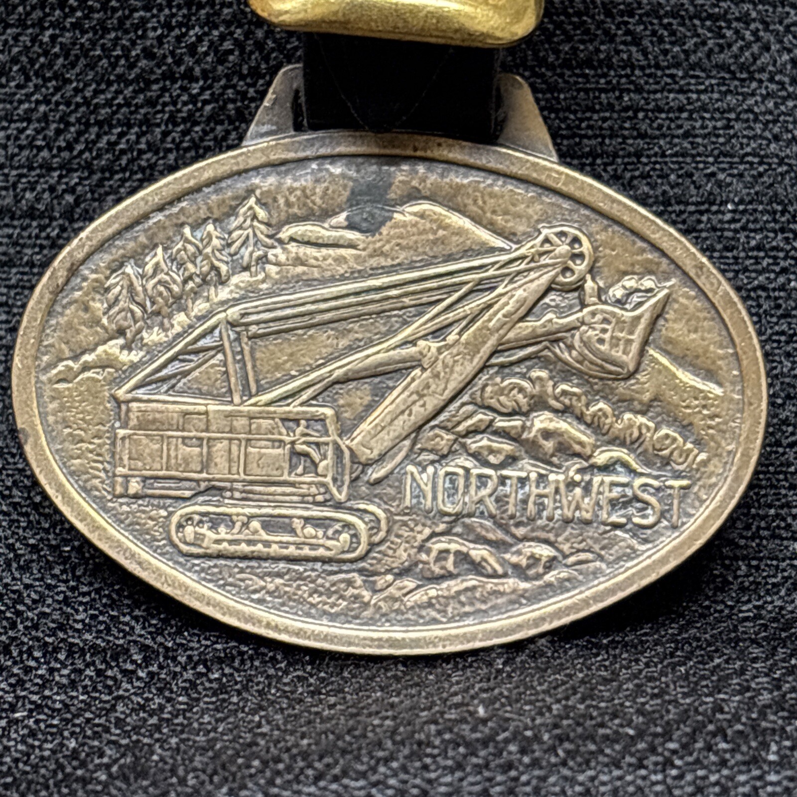 Vtg NORTHWEST Front Shovel Dragline Crane Luggage Tag Brass with Leather Strap