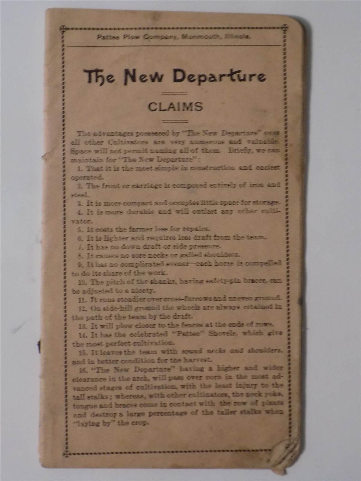 Pattee Plow Company, Monmouth, IL « The New Departure » Vtg Cultivators Pamphlet
