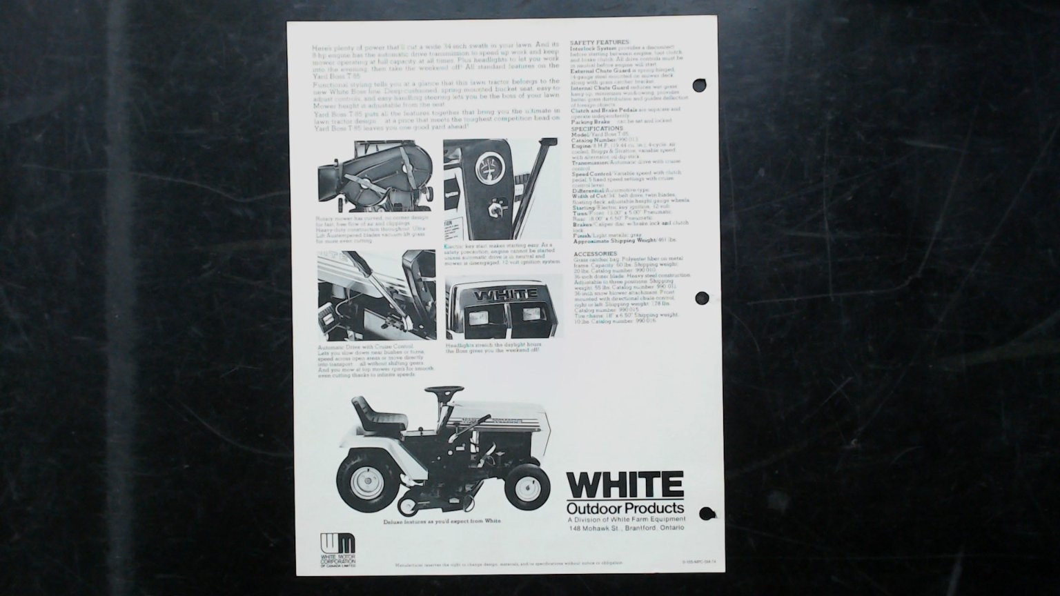 White Outdoor Products Yard Boss T-85 Lawn Tractor Brochure Vintage