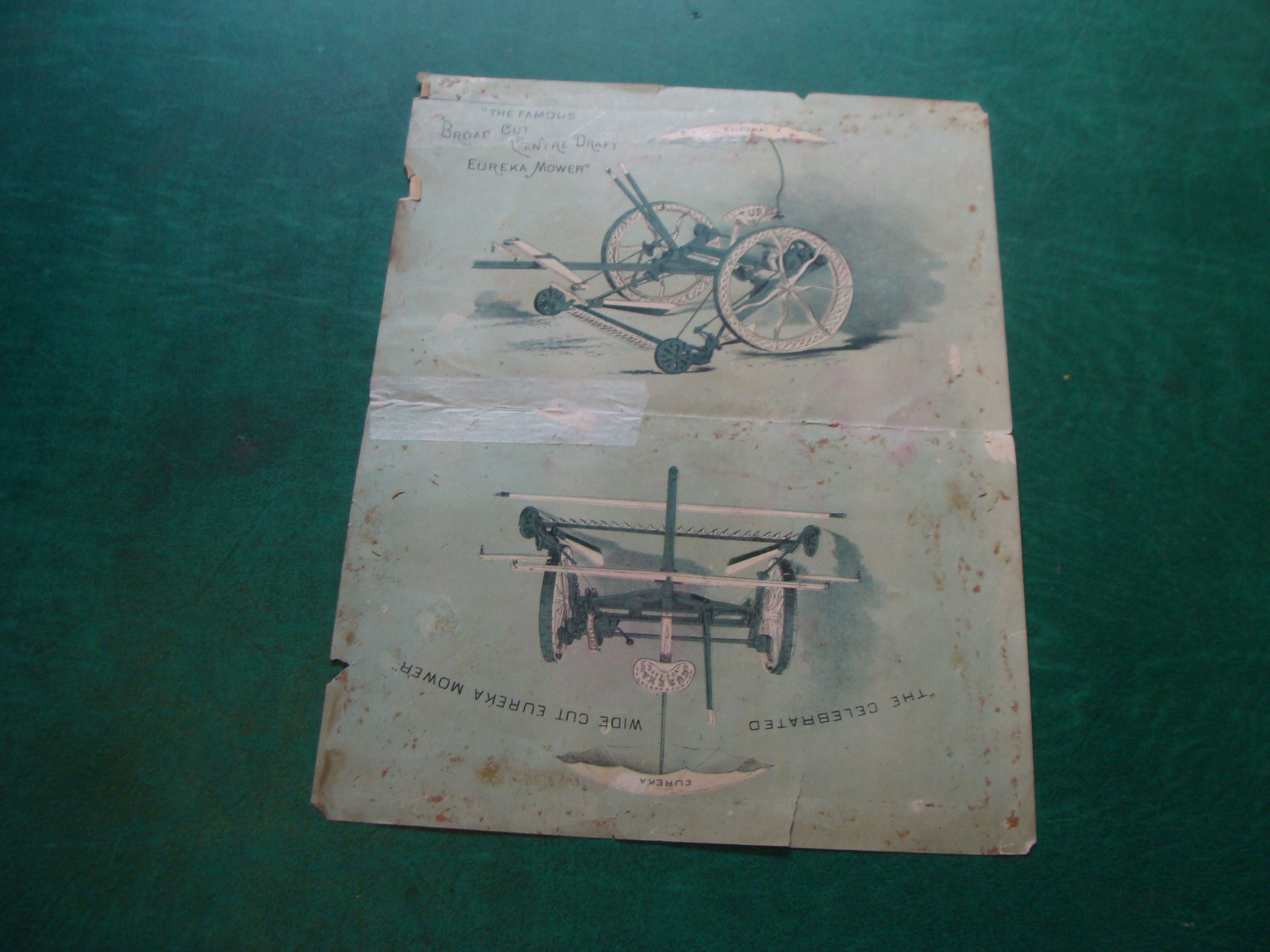 EUREKA MOWER trade card, DOUBLE SIZE & SIDED; taped as shown