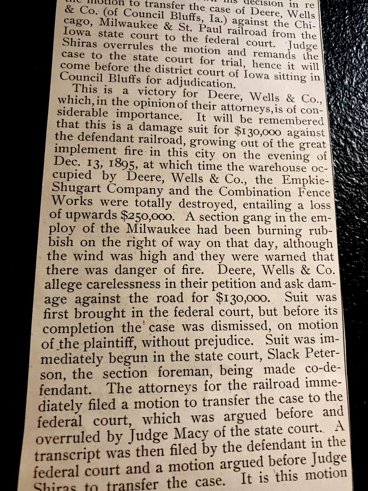 ORIGINAL 1897 Deere Wells & Co vs. Chicago Milwaukee St. Paul Railroad Article