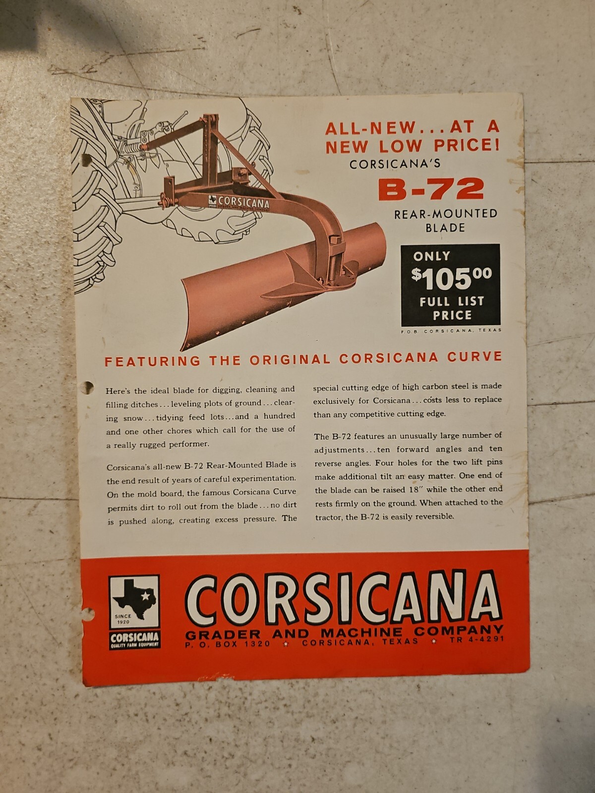 Vintage Corsicana B-72 REAR MOUNTED BLADE SALES BROCHURE FLYER