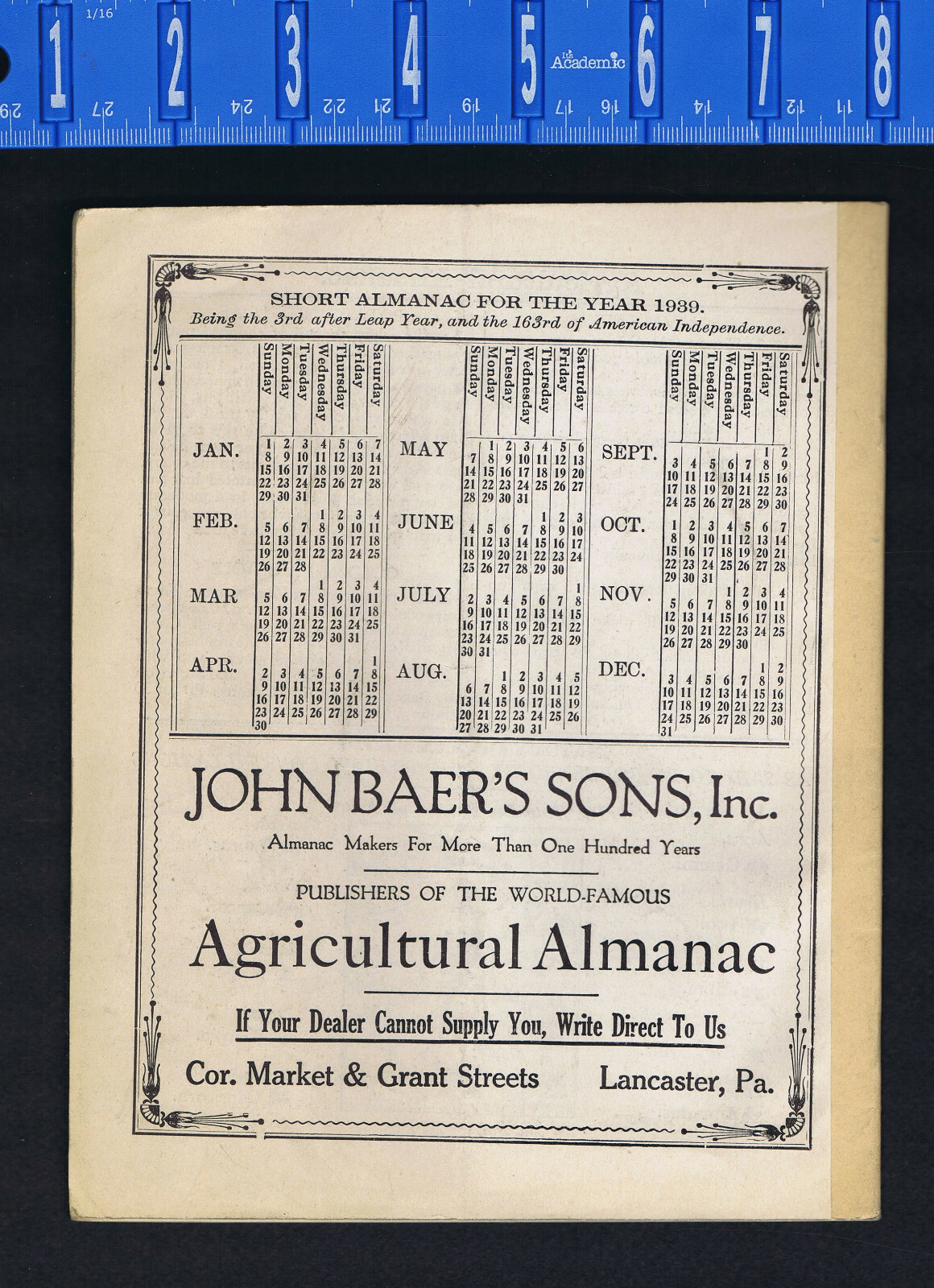 1939 John Baer’s Sons Agricultural Almanac Lancaster, PA – Vol 114