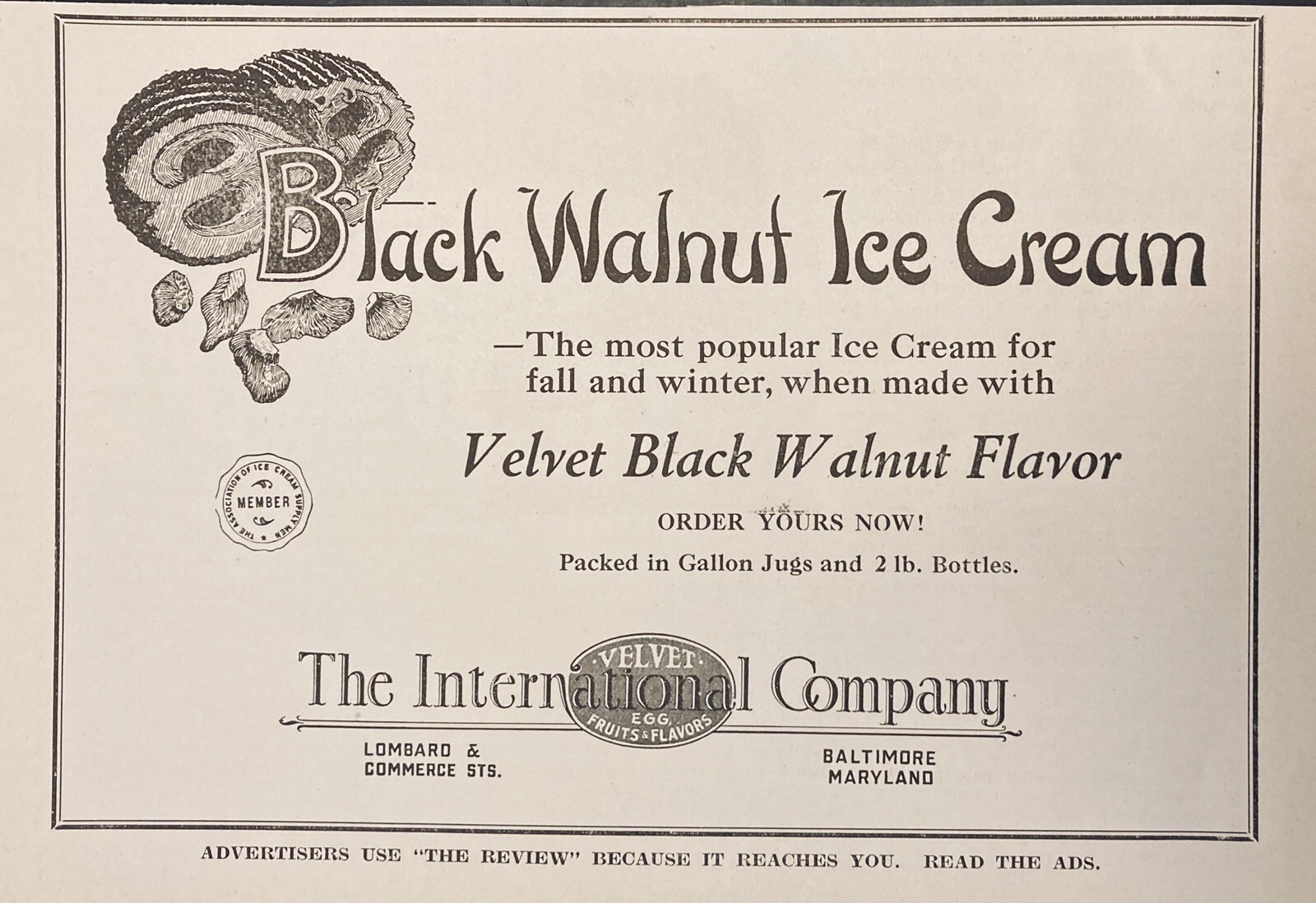 1925 AD.(XF13)~THE INTERNATIONAL CO. BALT., MD. VELVET BLACK WALNUT FLAVOR