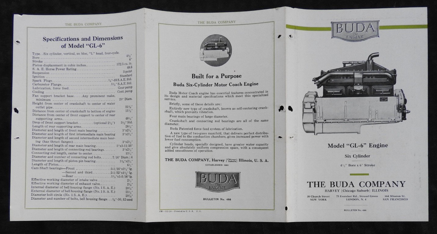1924 « Buda Model GL-6 Gas Engines » Six Cylinder Engine Brochure RARE