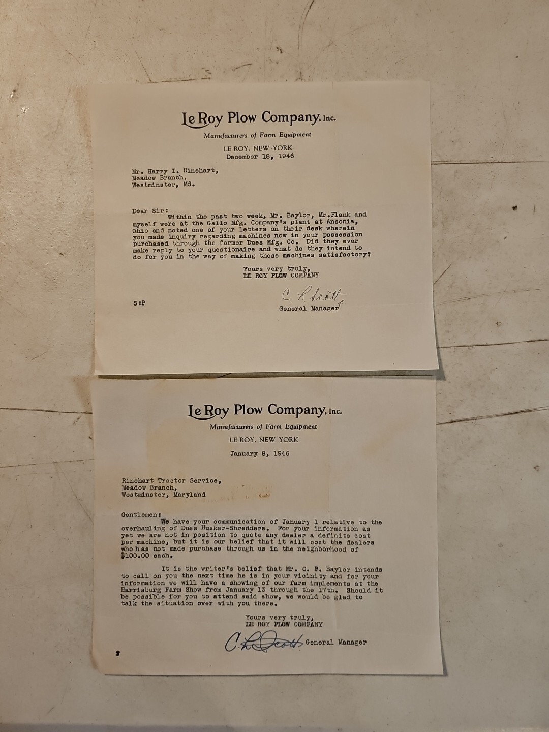 Pair Of 1946 Le Roy Plow Company Letters To Customer.