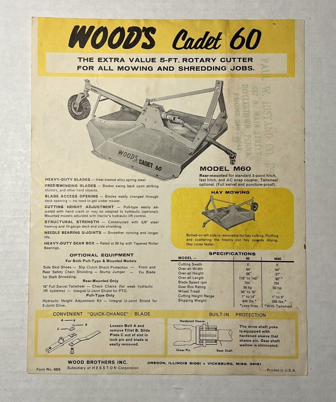 Wood Brothers (Hesston) Cadet 60 Rotary Cutter / Mower Dealer Sales Brochure