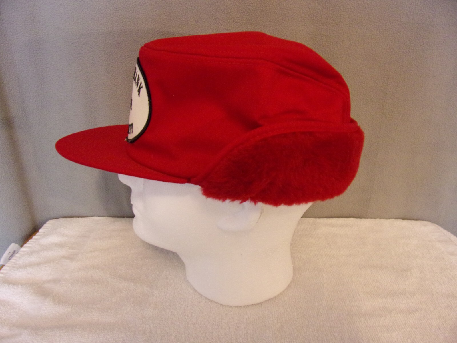 VTG ~ « Peoples Bank & Trust » K-Brand Fuzzy Ear Flap Trucker/Farmer Cap Med-Lg