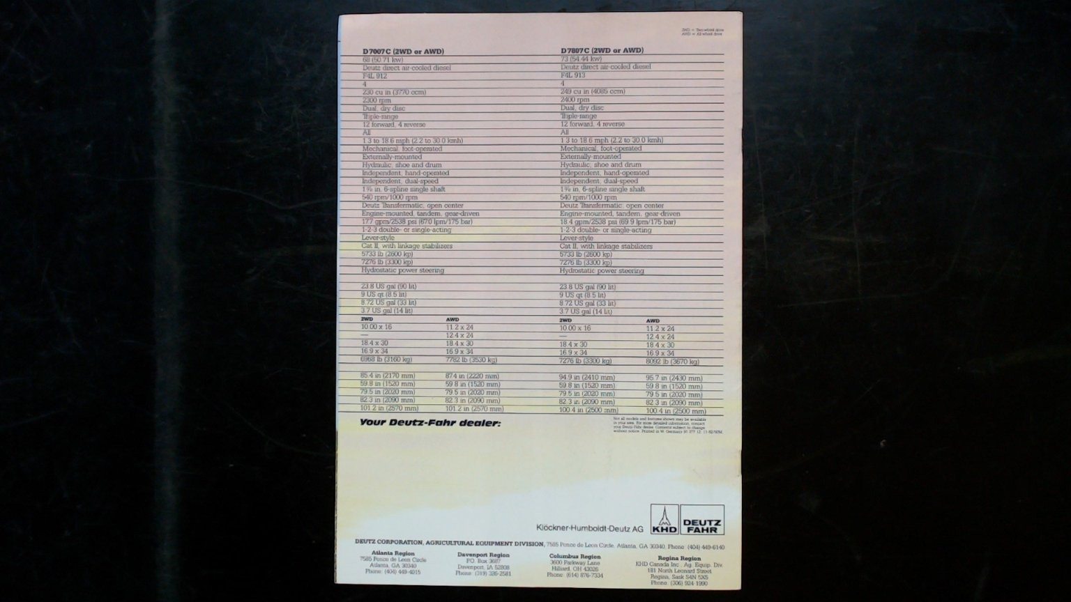 Deutz-Fahr D7007C Agriculture Brochure Vintage Tractor Specs