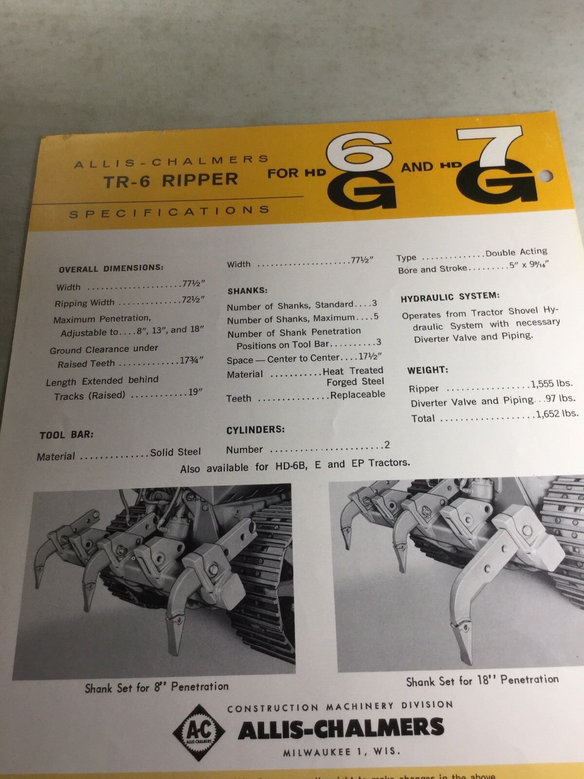 Allis Chalmers TR6 Ripper For 7G, 6G Sales Brochure (Sales Literature)