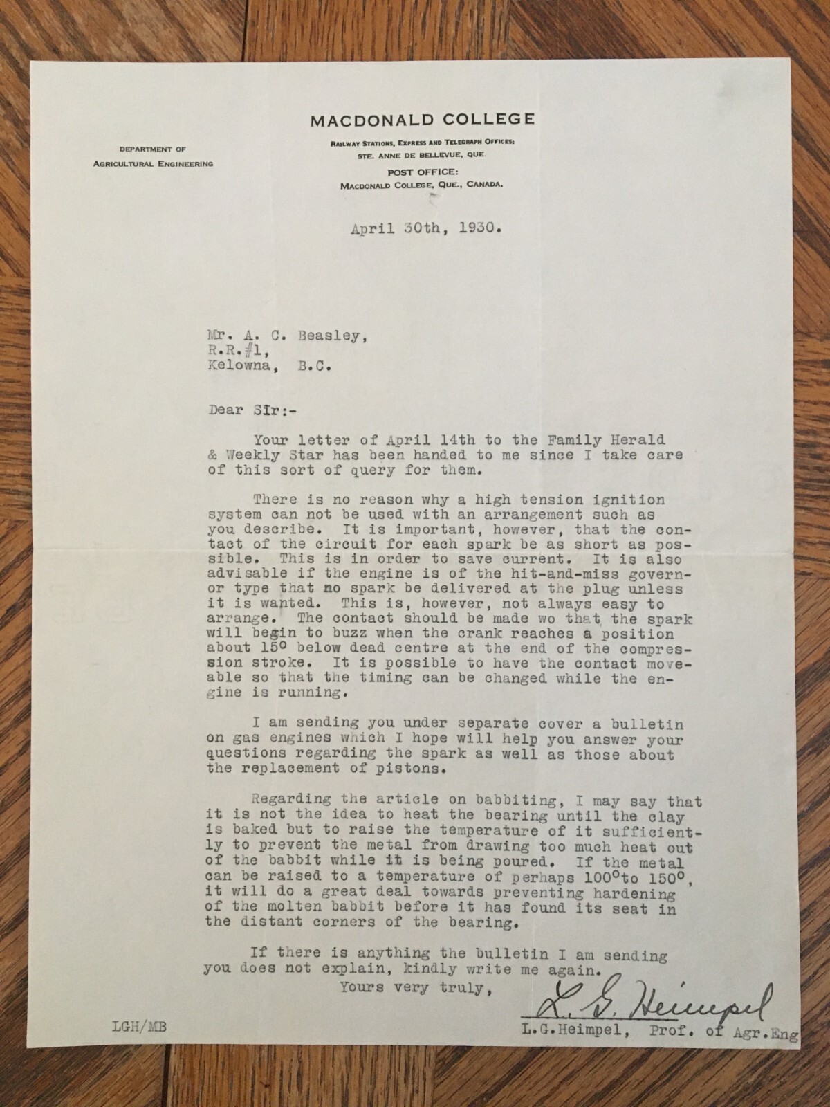 Macdonald College Engine Machinery Receipt Letter 1930 Cattle Ranch Kelowna BC