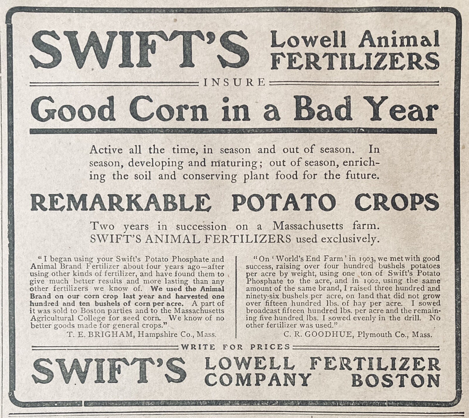 1915 AD.(XH41)~SWIFT’S LOWELL FERTILIZER CO. BOSTON. SWIFT’S ANIMAL FERTILIZERS