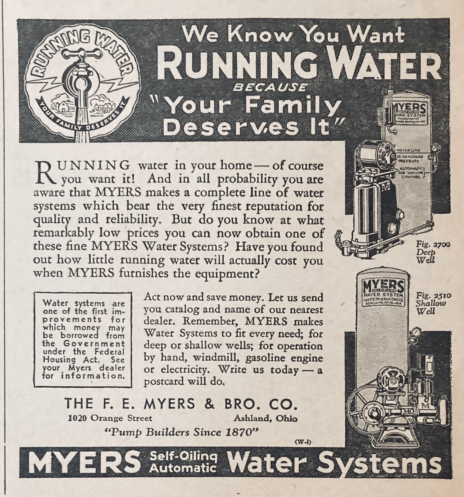 1935 AD.(XH19)~F.E. MYERS CO. ASHLAND, OHIO. MYERS SELF-OILING WATER SYSTEMS