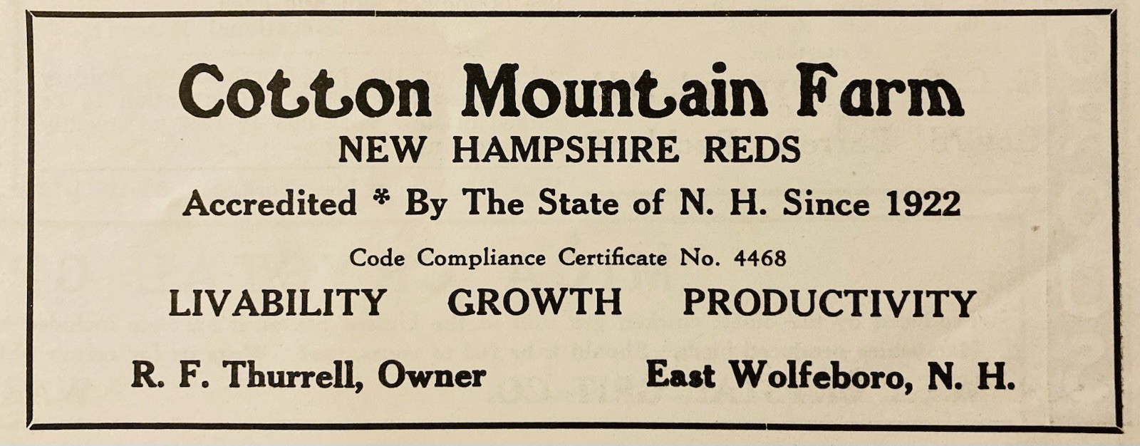 1934 AD.(XH82)~COTTON MOUNTAIN FARM, EAST WOLFEBORO, NH. NEW HAMPSHIRE REDS
