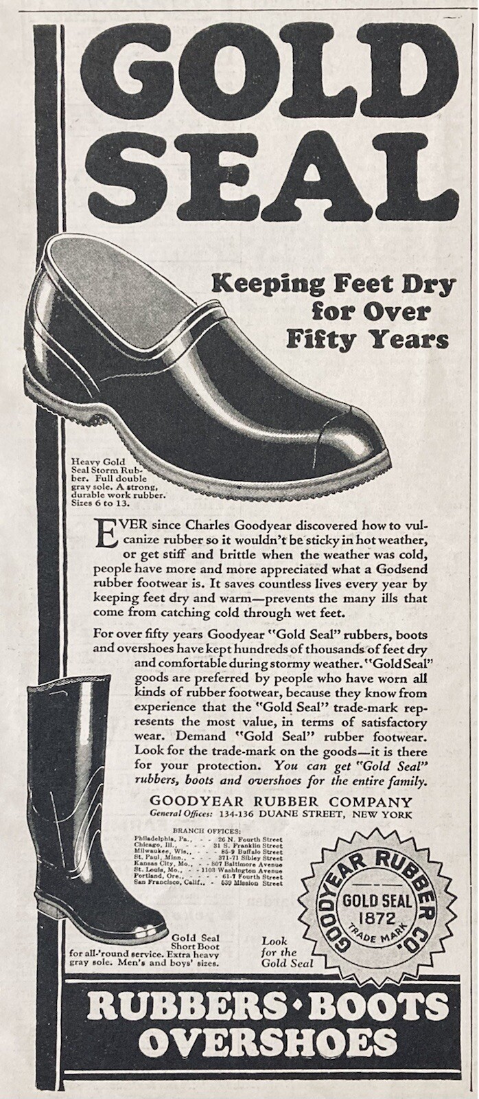 1926 AD.(XG22)~GOODYEAR RUBBER CO. GOLD SEAL RUBBERS BOOTS AND OVERSHOES