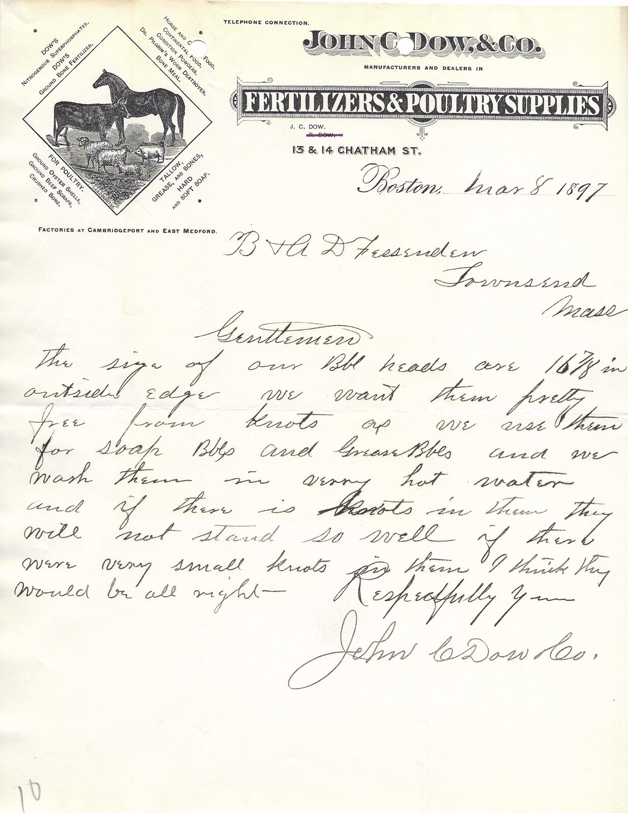 1897 JOHN DOW CO FERTILIZER & POULTRY SUPPLY CHATHAM ST. BOSTON MA LETTERHEAD