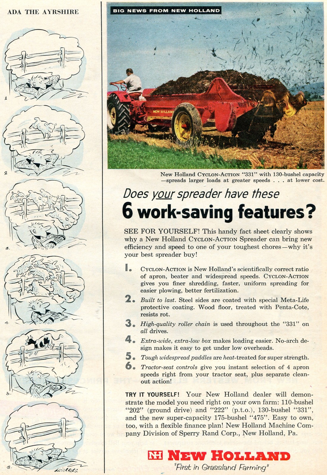 1960 Print Ad of Sperry Rand New Holland NH Cyclon Action 331 Spreader Tractor