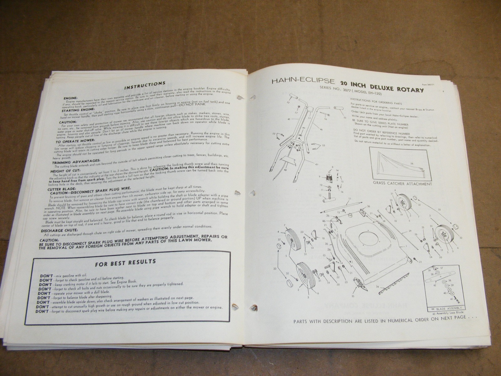 1960s Hahn Eclipse Mower Master Parts Catalog Maintenance Manual