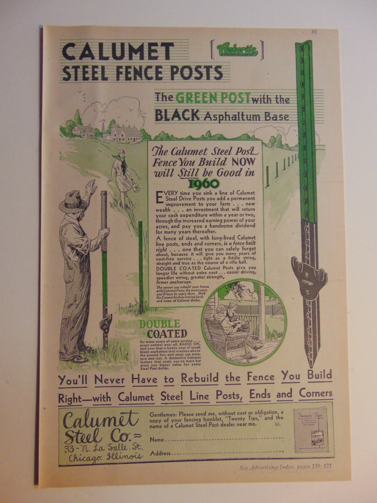 1930 ~CALUMET STEEL CO. Steel Fence Posts vintage print ad