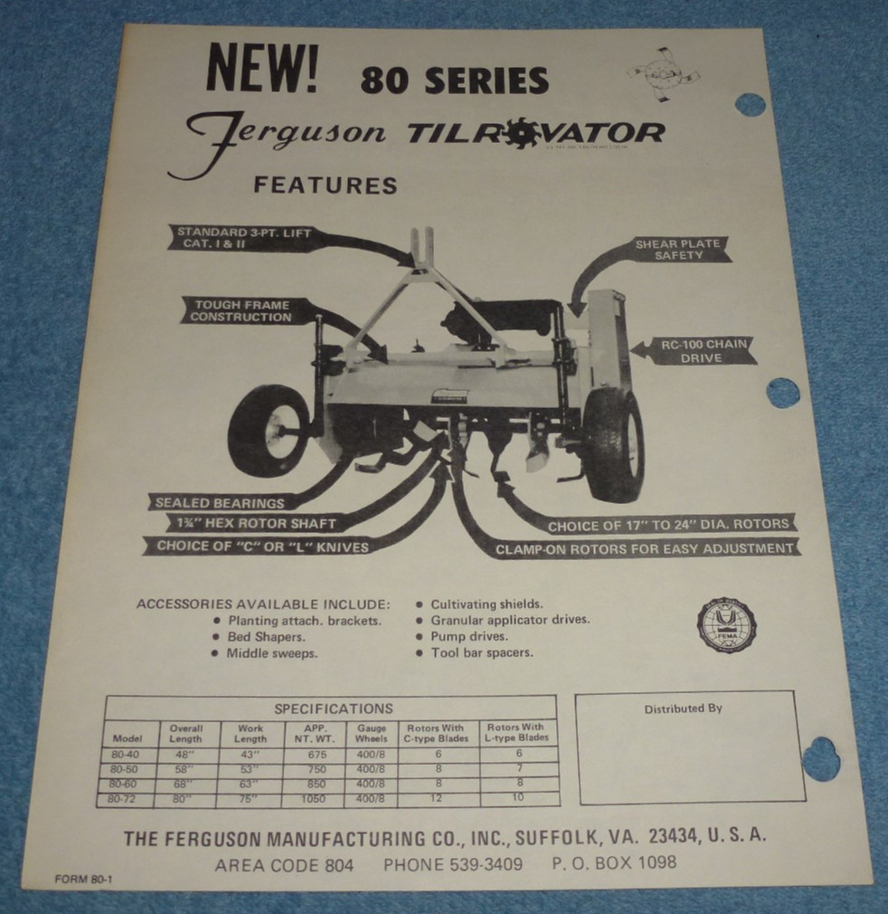 Vtg Ferguson Mfg Co Tilrovator 80 Series Tiller For 20-50 HP Tractors Sheet Spec