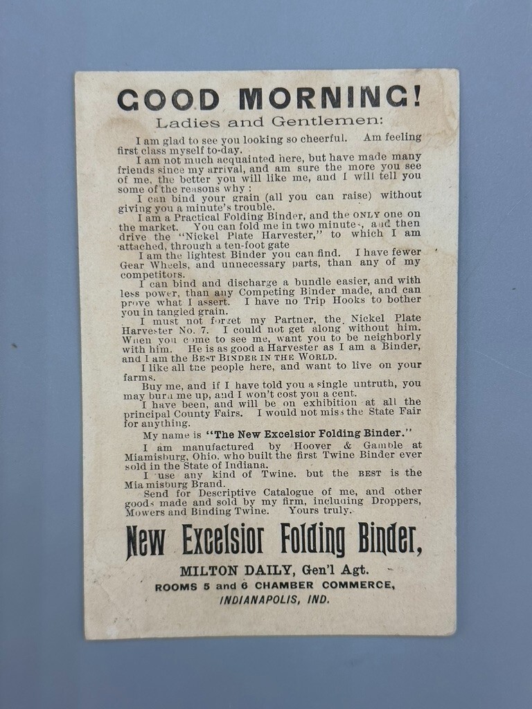 1880s EXCELSIOR BINDERS Hoover & Gamble FARM Advertising TRADE CARD Indianapolis