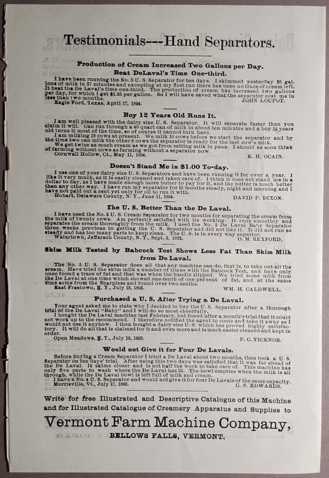 1895 US Cream Separator Vermont Farm Machine Co Catalog #96 Original ++ B6-30