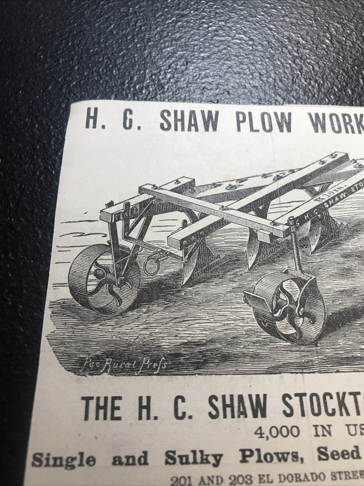 1882 H.C. Shaw Plow Works Farm Advertising – Stockton – California