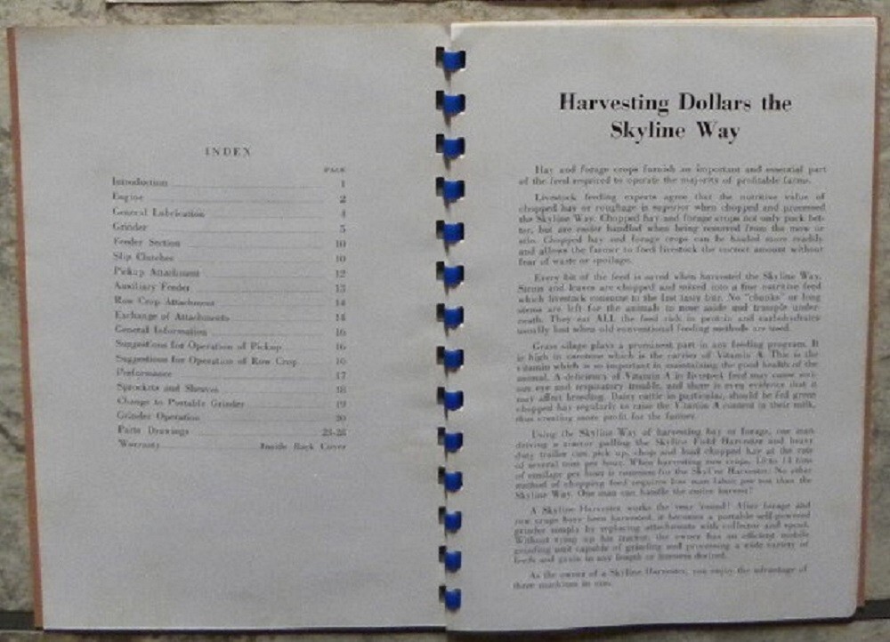 1948 Skyline Farm Machinery, Davis Mfg., Wichita, Kansas, Field Harvester Manual