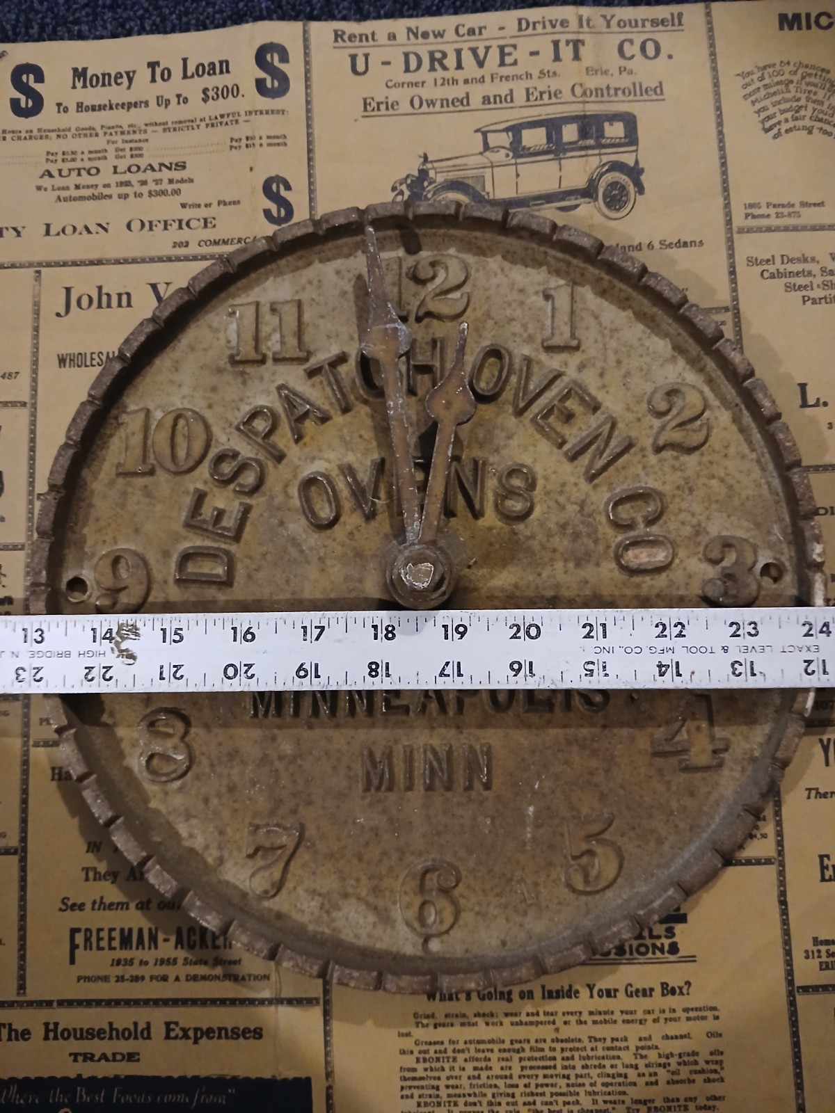 Antique Early Despatch Oven Clock Cast Iron Advertising Minneapolis Minnesota