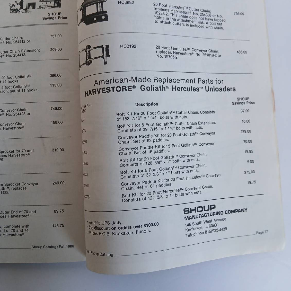 Shoup Manufacturing Company Fall 1986 Catalog Tractor Parts Kankakee IL. Farming