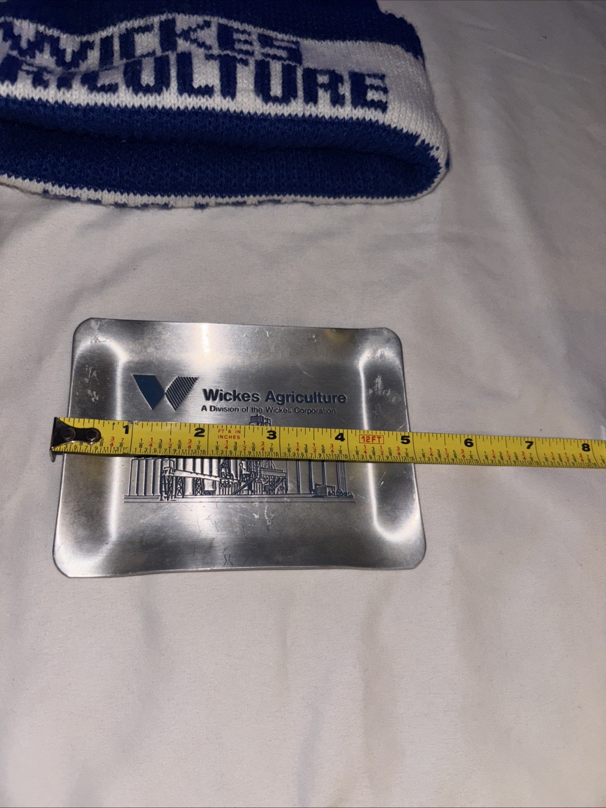Vtg WICKES AGRICULTURE Advertising Blue/White Knit Stocking Cap & 5×4” Ash Tray