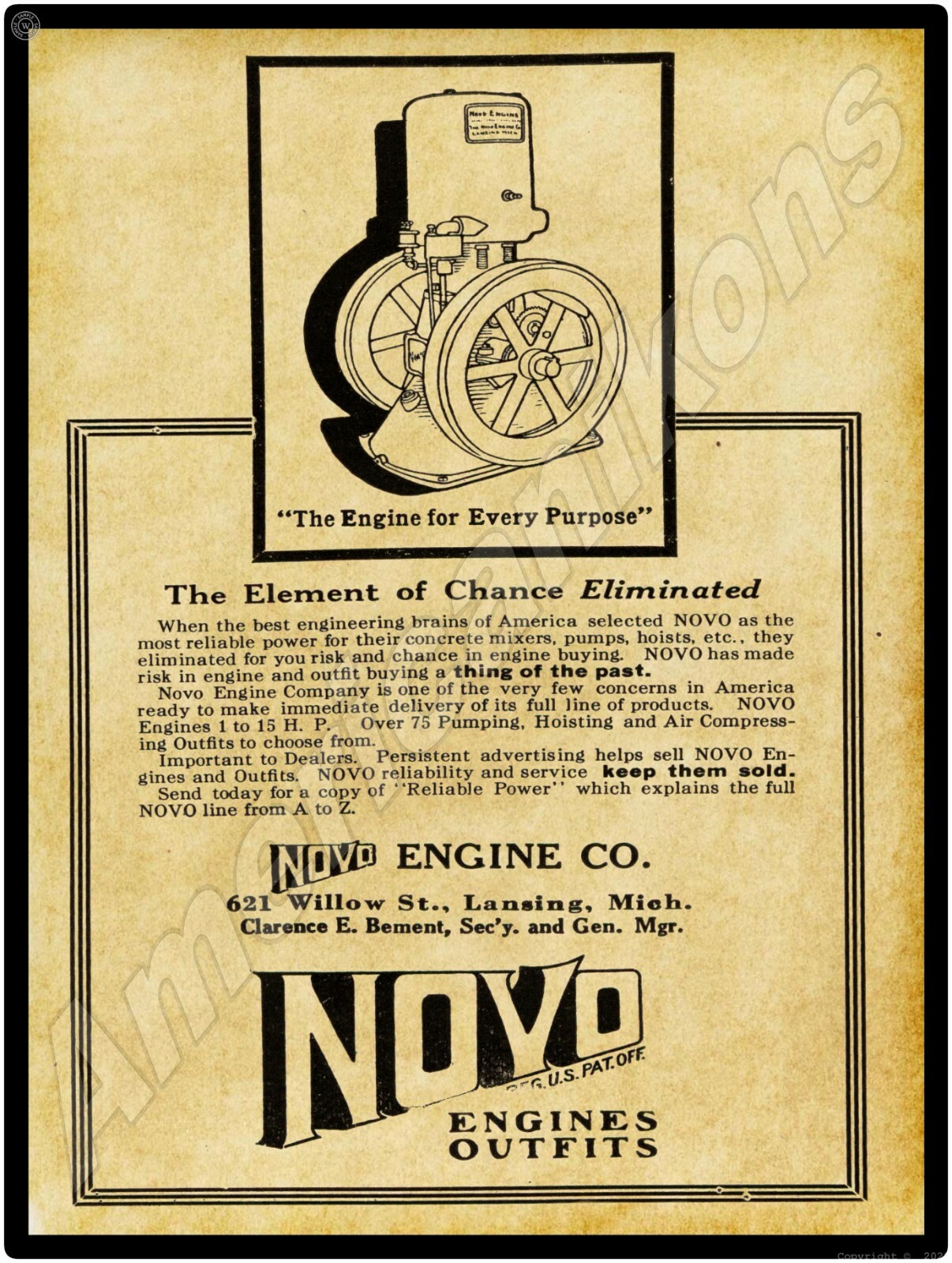 1916 Novo Engines of Lansing, Michigan New Metal Sign: Large Size
